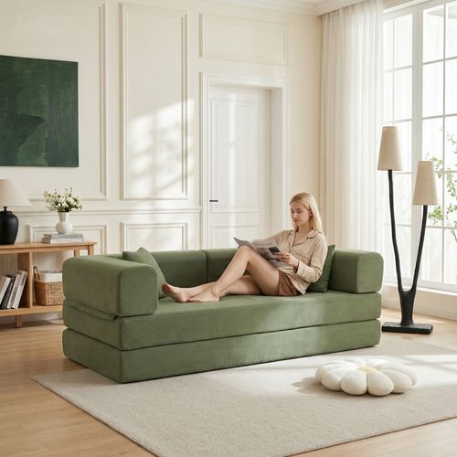 Canapé Convertible 3 Places Pliable Avec Accoudoirs Modulables, Velours Côtelé Vert
