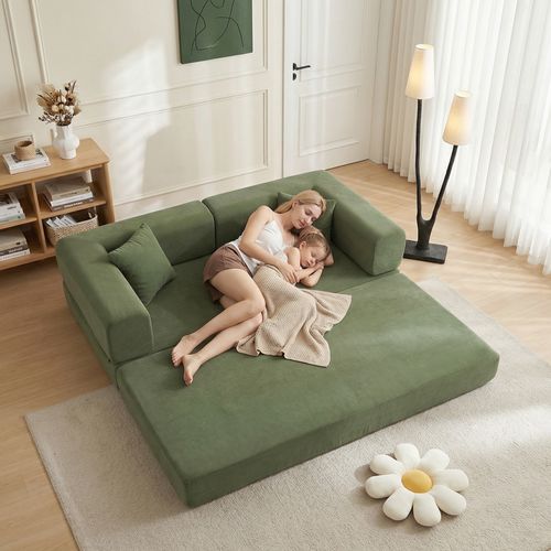 Canapé Convertible 3 Places Pliable Avec Accoudoirs Modulables, Velours Côtelé Vert