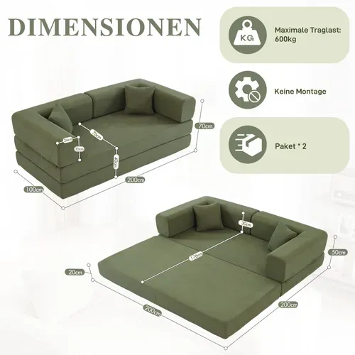 Canapé Convertible 3 Places Pliable Avec Accoudoirs Modulables, Velours Côtelé Vert