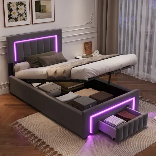Lit 90x190 Cm Rempli Avec Boxspring - LED Intégrée Et Tiroirs De Rangement - Velours Gris