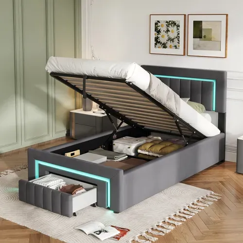 Lit 90x190 Cm Rempli Avec Boxspring - LED Intégrée Et Tiroirs De Rangement - Velours Gris