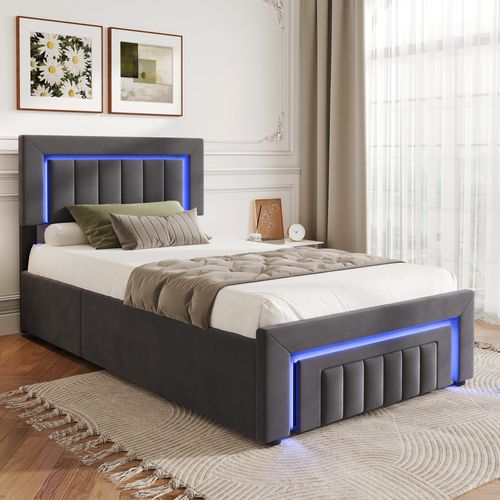 Lit 90x190 Cm Rempli Avec Boxspring - LED Intégrée Et Tiroirs De Rangement - Velours Gris