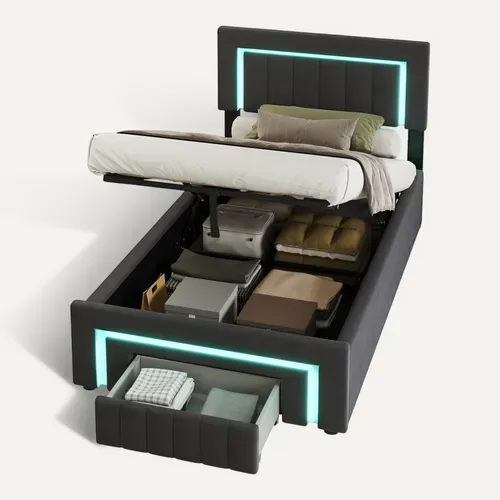 Lit 90x190 Cm Rempli Avec Boxspring - LED Intégrée Et Tiroirs De Rangement - Velours Gris