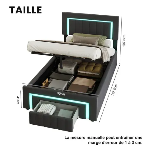 Lit 90x190 Cm Rempli Avec Boxspring - LED Intégrée Et Tiroirs De Rangement - Velours Gris