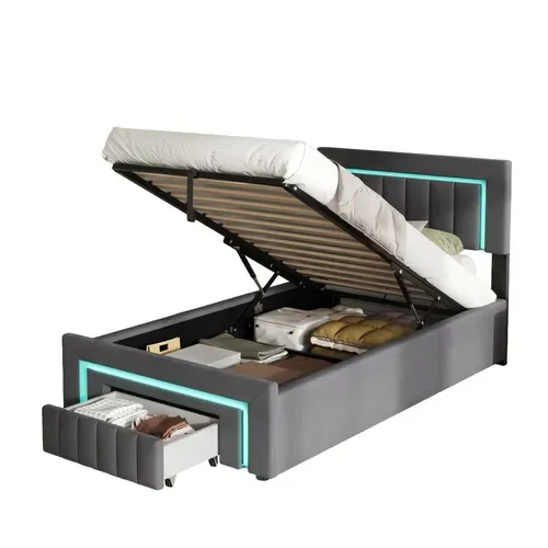 Lit 90x190 Cm Rempli Avec Boxspring - LED Intégrée Et Tiroirs De Rangement - Velours Gris