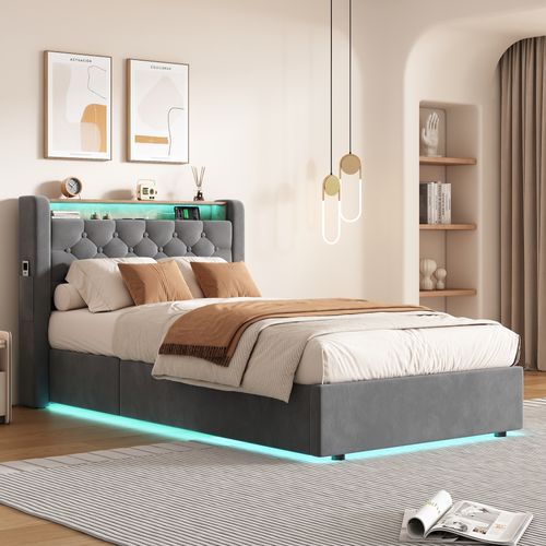 Lit Coffre 90x190 Cm Avec Revêtement En Velours Gris Foncé - Cadre Métal Et Bois