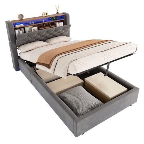 Lit Coffre 90x190 Cm Avec Revêtement En Velours Gris Foncé - Cadre Métal Et Bois