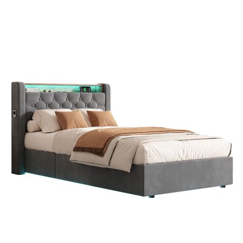 Lit Coffre 90x190 Cm Avec Revêtement En Velours Gris Foncé - Cadre Métal Et Bois
