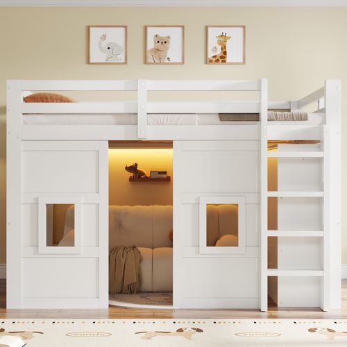 Lit Mezzanine 140×200 Cm Avec Armoire, 2 Fenêtres Et LED Réglable, Bois, Blanc