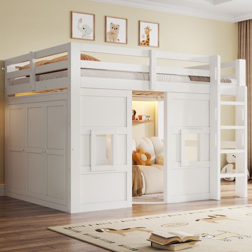 Lit Mezzanine 140×200 Cm Avec Armoire, 2 Fenêtres Et LED Réglable, Bois, Blanc