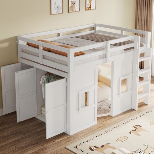 Lit Mezzanine 140×200 Cm Avec Armoire, 2 Fenêtres Et LED Réglable, Bois, Blanc