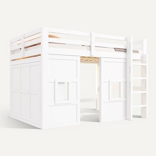 Lit Mezzanine 140×200 Cm Avec Armoire, 2 Fenêtres Et LED Réglable, Bois, Blanc