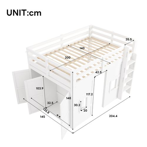 Lit Mezzanine 140×200 Cm Avec Armoire, 2 Fenêtres Et LED Réglable, Bois, Blanc
