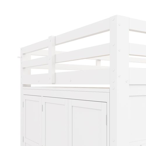 Lit Mezzanine 140×200 Cm Avec Armoire, 2 Fenêtres Et LED Réglable, Bois, Blanc