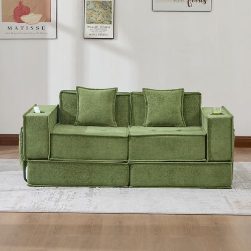 Fauteuil Modulaire compressé Avec Poches Latérales Et 2 Coussins En Chenille Vert 162 X 78 X 66 Cm