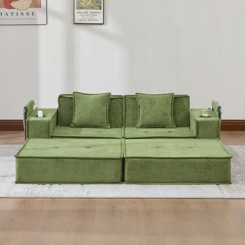 Fauteuil Modulaire compressé Avec Poches Latérales Et 2 Coussins En Chenille Vert 162 X 78 X 66 Cm