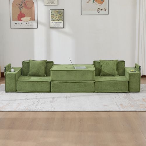 Fauteuil Modulaire compressé Avec Poches Latérales Et 2 Coussins En Chenille Vert 162 X 78 X 66 Cm