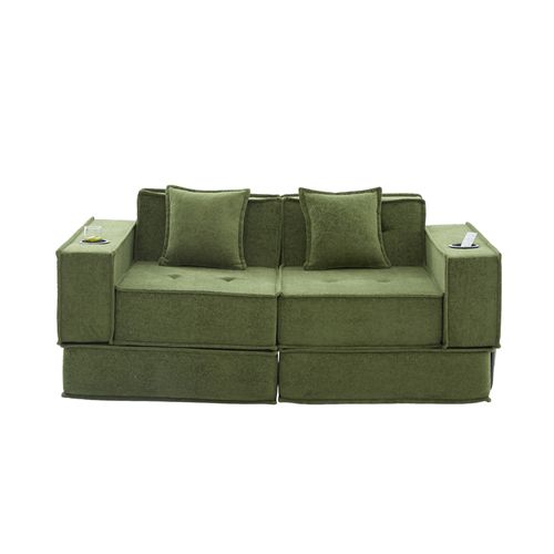 Fauteuil Modulaire compressé Avec Poches Latérales Et 2 Coussins En Chenille Vert 162 X 78 X 66 Cm