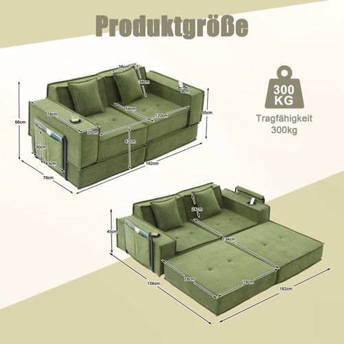 Fauteuil Modulaire compressé Avec Poches Latérales Et 2 Coussins En Chenille Vert 162 X 78 X 66 Cm