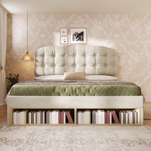 Lit Avec Tiroirs Lit Double Tête Réglable Et Rangements 140×200 Cm Sans Matelas