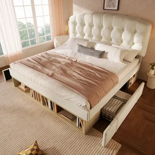 Lit Avec Tiroirs Lit Double Tête Réglable Et Rangements 140×200 Cm Sans Matelas