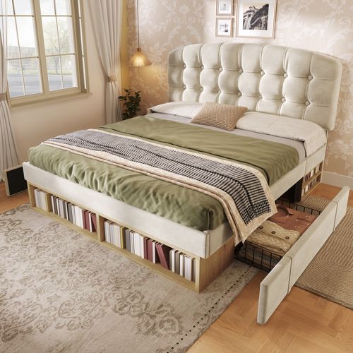 Lit Avec Tiroirs Lit Double Tête Réglable Et Rangements 140×200 Cm Sans Matelas