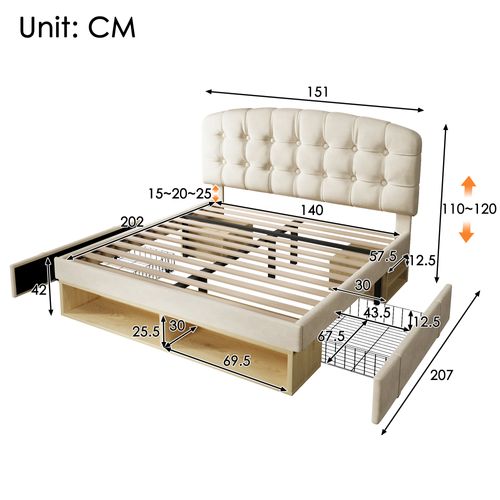 Lit Avec Tiroirs Lit Double Tête Réglable Et Rangements 140×200 Cm Sans Matelas