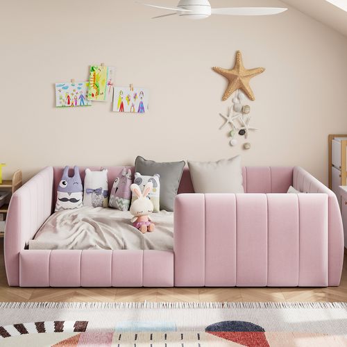 Lit Avec Barrière 90×200 Cm, Tête De Lit Rembourrée, Dossier, Sommier à Lattes, Rose