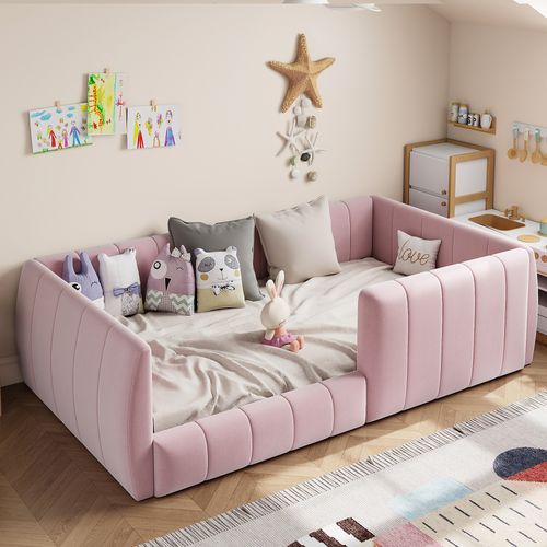 Lit Avec Barrière 90×200 Cm, Tête De Lit Rembourrée, Dossier, Sommier à Lattes, Rose