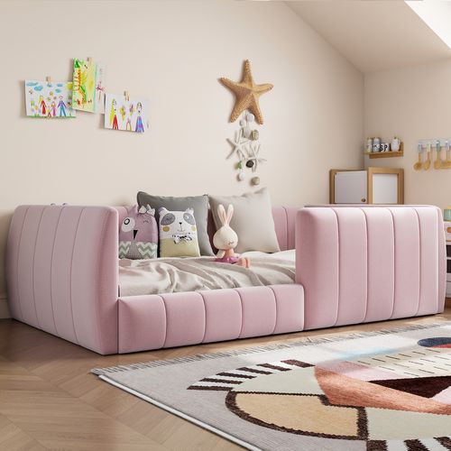 Lit Avec Barrière 90×200 Cm, Tête De Lit Rembourrée, Dossier, Sommier à Lattes, Rose