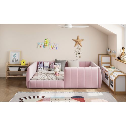 Lit Avec Barrière 90×200 Cm, Tête De Lit Rembourrée, Dossier, Sommier à Lattes, Rose