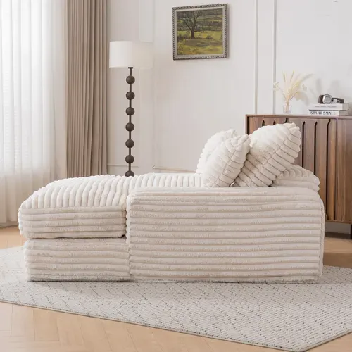 Méridienne Ergonomique Avec 4 Coussins Amovibles, Velours Côtelé Beige 135 X 165 X 58 Cm