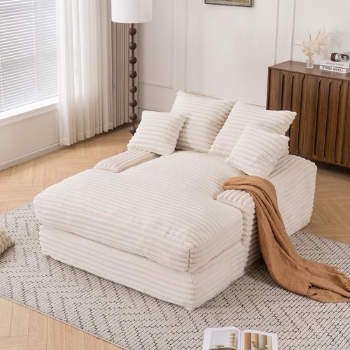 Méridienne Ergonomique Avec 4 Coussins Amovibles, Velours Côtelé Beige 135 X 165 X 58 Cm