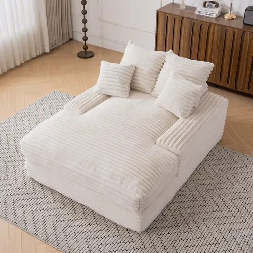 Méridienne Ergonomique Avec 4 Coussins Amovibles, Velours Côtelé Beige 135 X 165 X 58 Cm