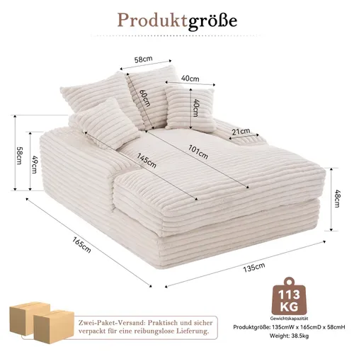 Méridienne Ergonomique Avec 4 Coussins Amovibles, Velours Côtelé Beige 135 X 165 X 58 Cm