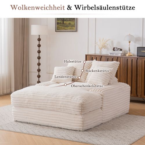 Méridienne Ergonomique Avec 4 Coussins Amovibles, Velours Côtelé Beige 135 X 165 X 58 Cm