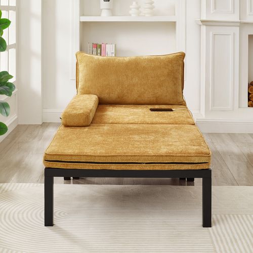 Lit Pliable Convertible Fauteuil-lit Avec Port USB Et Type-c, Velours, Jaune