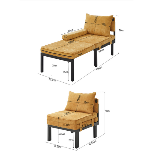 Lit Pliable Convertible Fauteuil-lit Avec Port USB Et Type-c, Velours, Jaune
