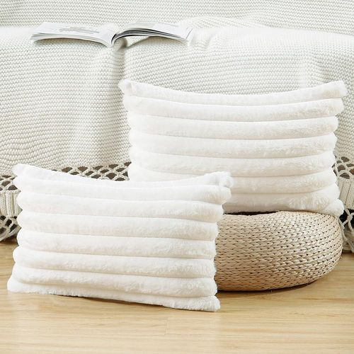 Housse De Coussin Set 2 Pièces 30x50 Cm Tissu Peluche Côtelé Fermeture Cachée Doux Blanc