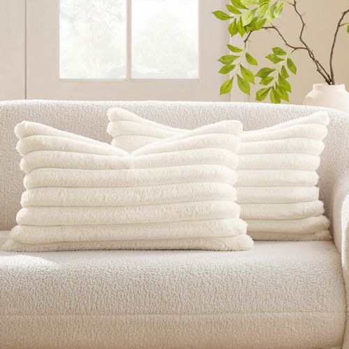 Housse De Coussin Set 2 Pièces 30x50 Cm Tissu Peluche Côtelé Fermeture Cachée Doux Blanc