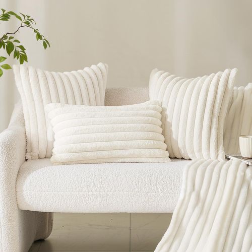 Housse De Coussin Set 2 Pièces 30x50 Cm Tissu Peluche Côtelé Fermeture Cachée Doux Blanc