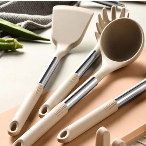 Ustensiles De Cuisine Lot De 12, Silicone Antiadhésif, Poignées Confortables, Beige