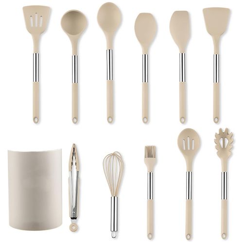 Ustensiles De Cuisine Lot De 12, Silicone Antiadhésif, Poignées Confortables, Beige