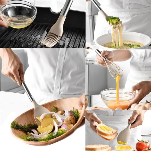 Ustensiles De Cuisine Lot De 12, Silicone Antiadhésif, Poignées Confortables, Beige
