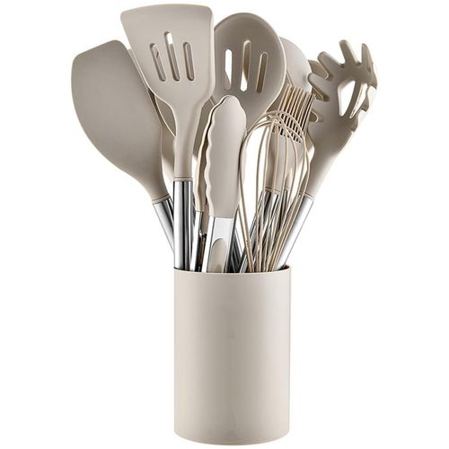 Ustensiles De Cuisine Lot De 12, Silicone Antiadhésif, Poignées Confortables, Beige