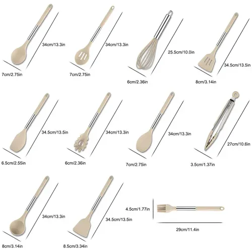 Ustensiles De Cuisine Lot De 12, Silicone Antiadhésif, Poignées Confortables, Beige
