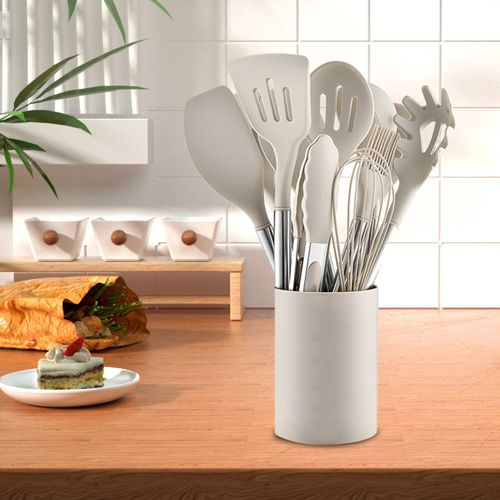 Ustensiles De Cuisine Lot De 12, Silicone Antiadhésif, Poignées Confortables, Beige