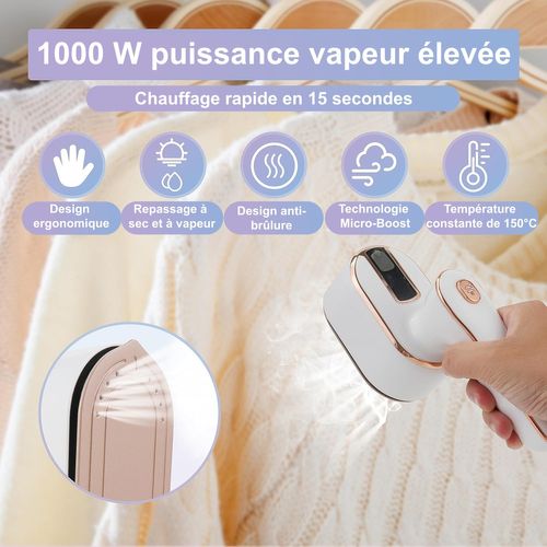 Défroisseur Vapeur à Main, Poignée Pivotante 180°, Réservoir 100 Ml, Chauffe 15 S, 150°c, Blanc