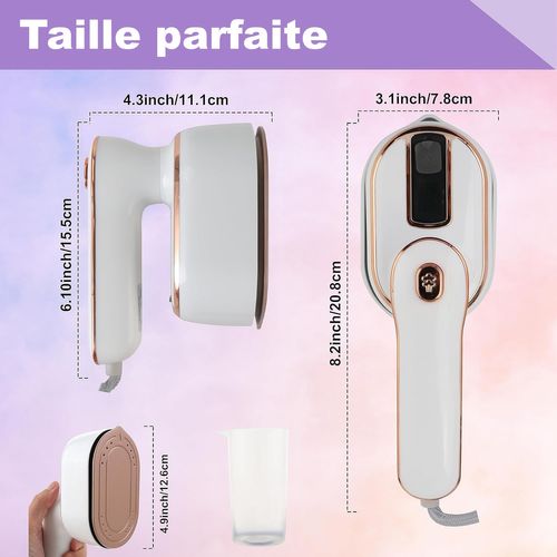 Défroisseur Vapeur à Main, Poignée Pivotante 180°, Réservoir 100 Ml, Chauffe 15 S, 150°c, Blanc