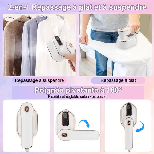 Défroisseur Vapeur à Main, Poignée Pivotante 180°, Réservoir 100 Ml, Chauffe 15 S, 150°c, Blanc